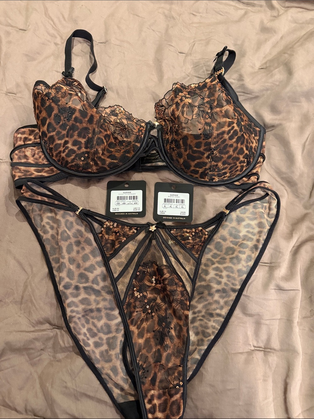 Honey Birdette Leopard-Print Lace Trim Bra & Panty 38DDD & XL